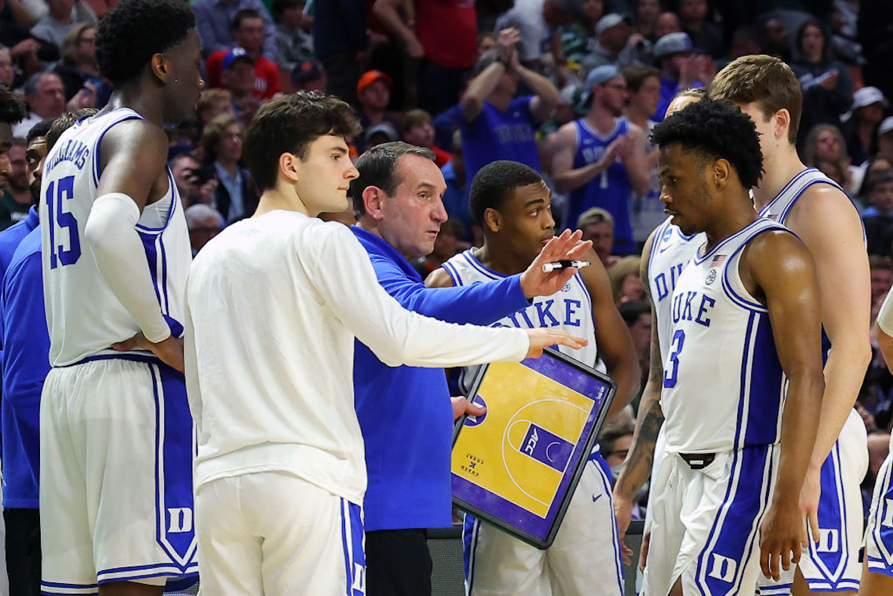 Mike Krzyzewski leading his Duke Blue Devils during March Madness.