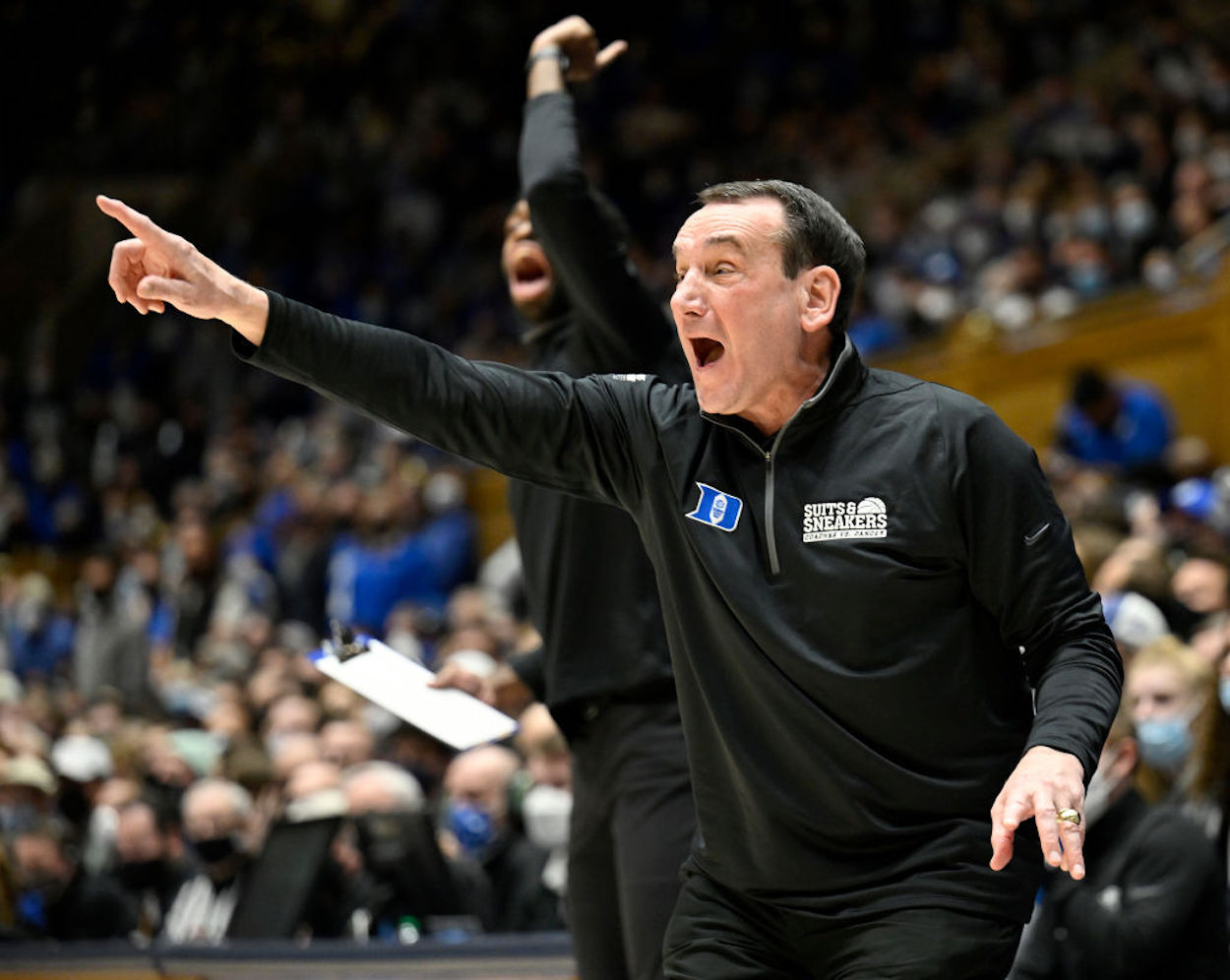 Mike Krzyzewski gestures during a Duke Blue Devils game.