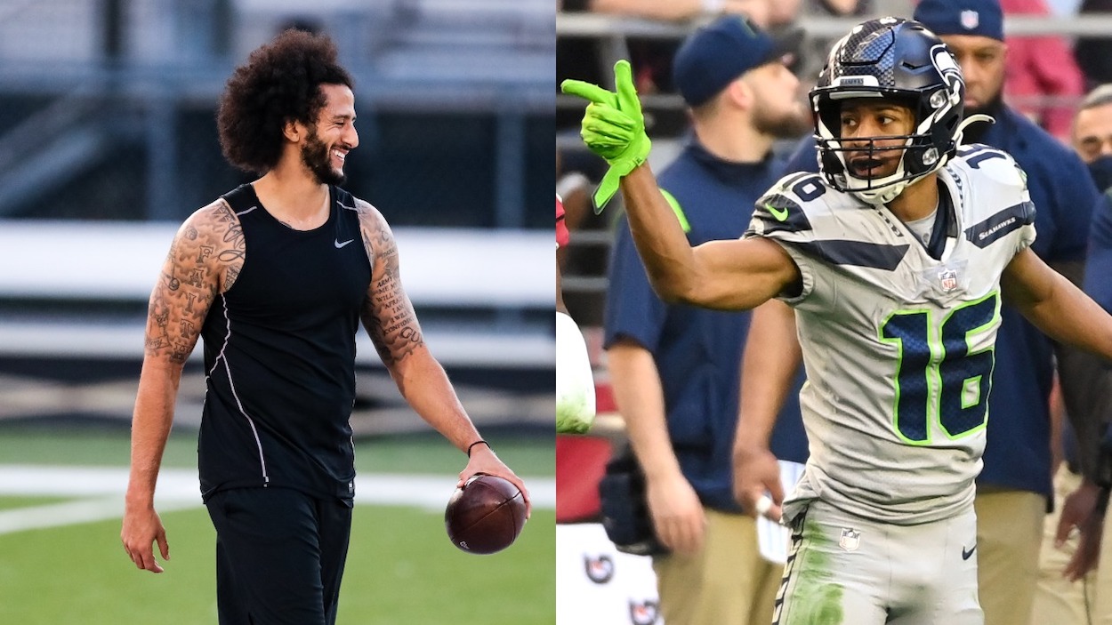 (L-R) Former NFL QB Colin Kaepernick works out in 2019; Seattle Seahawks WR Tyler Lockett celebrates a catch in 2022.