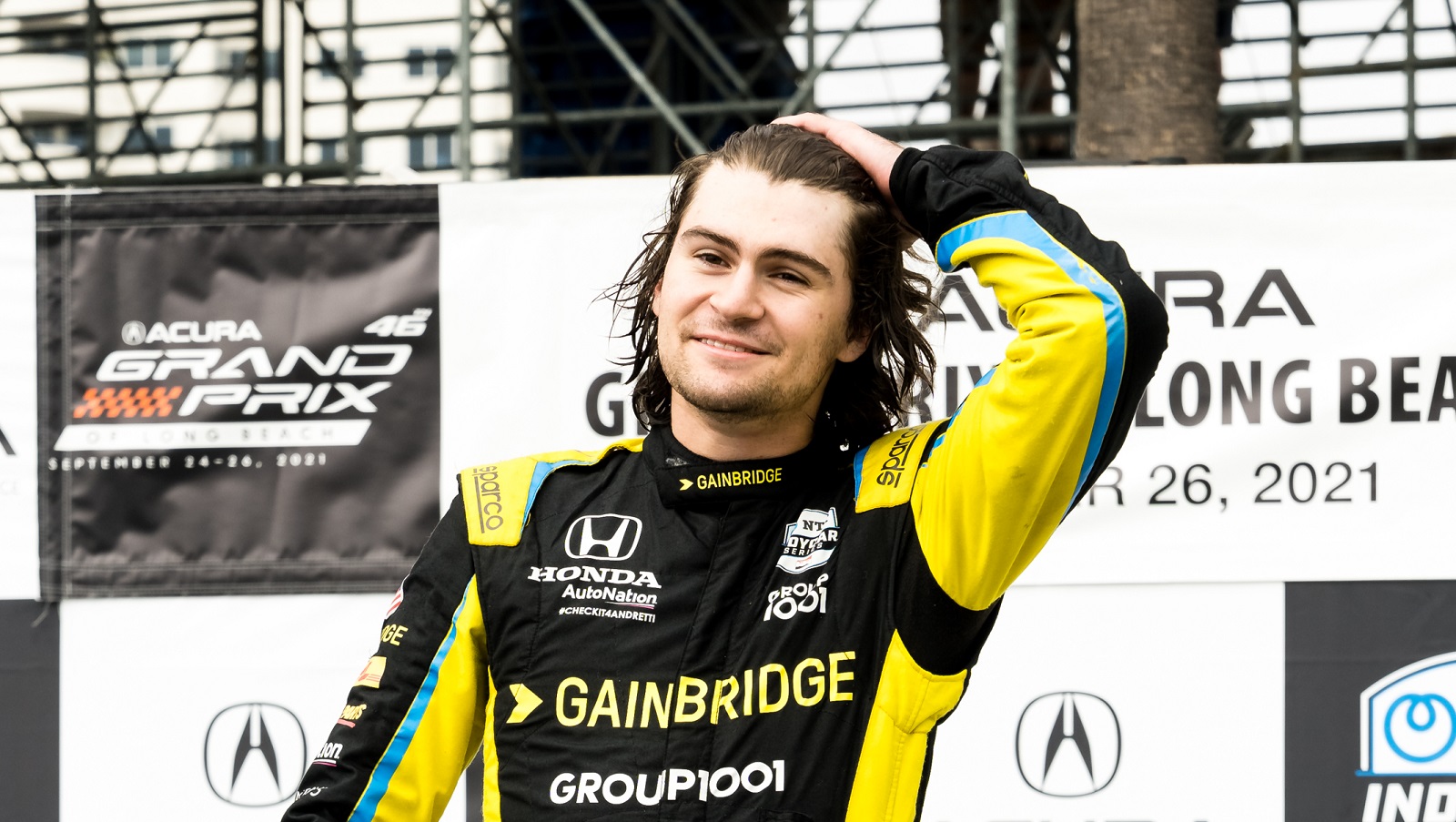 IndyCar driver Colton Herta after winning the Acura Grand Prix of Long Beach on Sept. 26, 2021, in Long Beach, California.