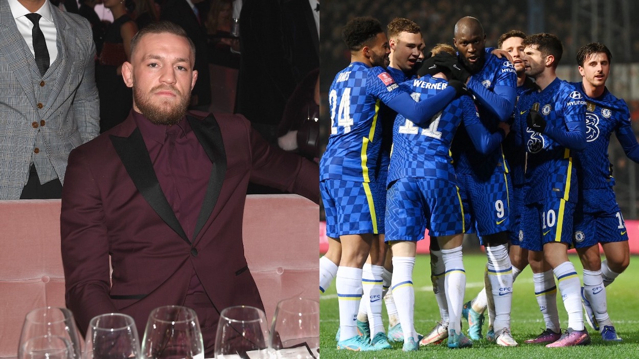 (L-R) UFC fighter Conor McGregor, Chelsea FC celebrates after scoring a goal.