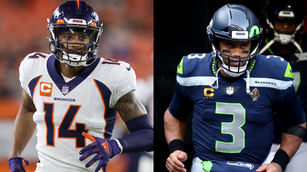 Broncos WR Courtland Sutton takes field before a game; Seahawks QB Russell Wilson run out of the tunnel before a game