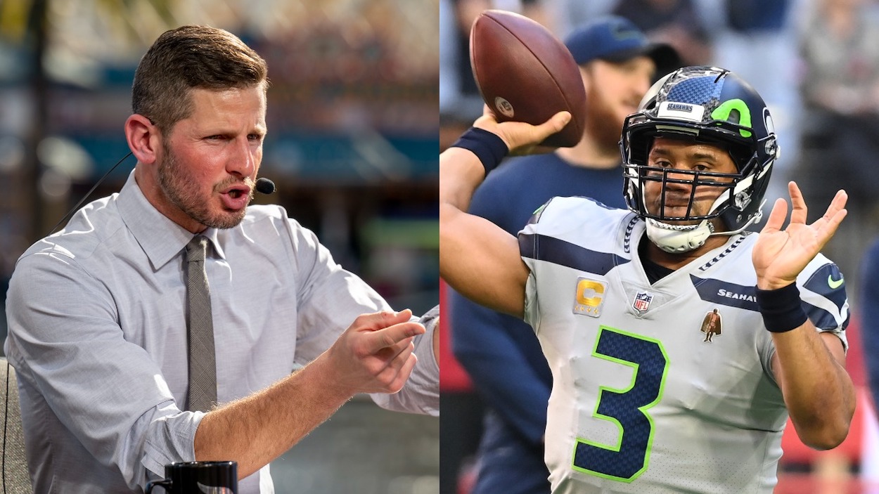 (L-R) ESPN's Dan Orlovsky on set; and former Seattle Seahawks and current Denver Broncos QB Russell Wilson warms up.