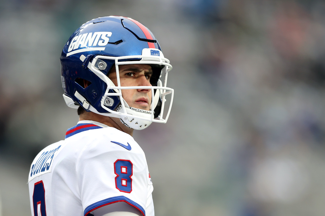 Daniel Jones of the New York Giants looks on before a game vs. the Philadelphia Eagles in 2021.