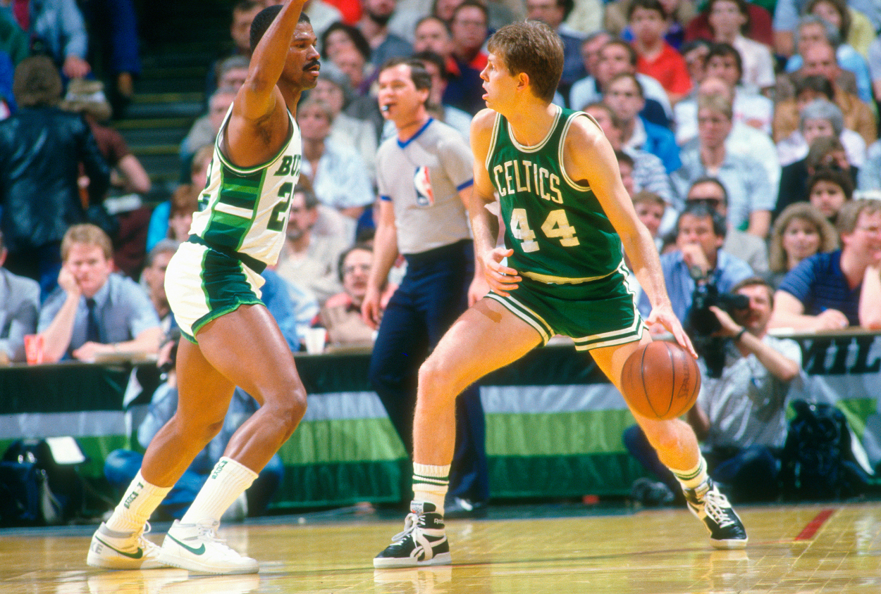 Danny Ainge of the Boston Celtics dribbles the ball.