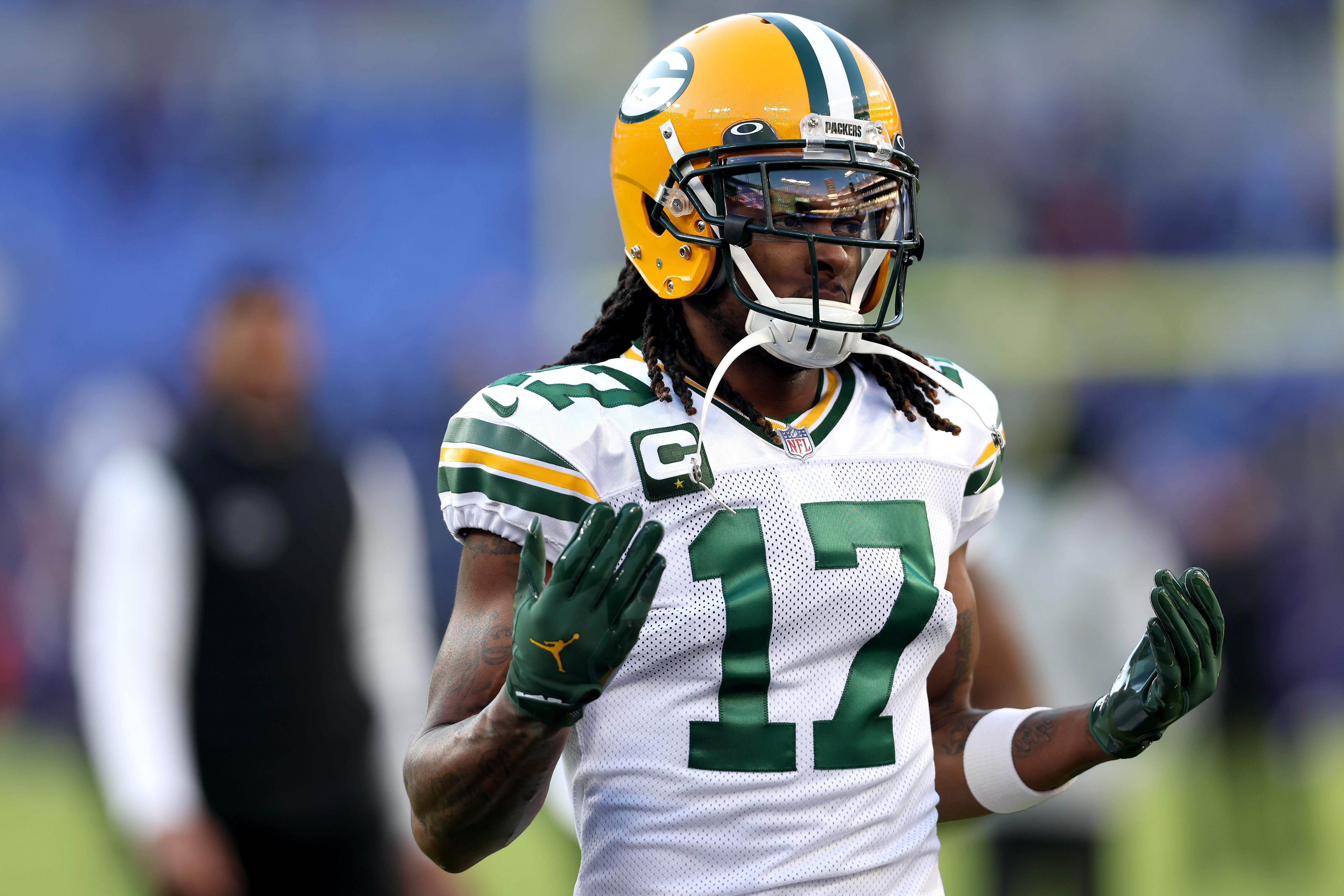 Packers wide receiver Davante Adams warms up before facing the Ravens