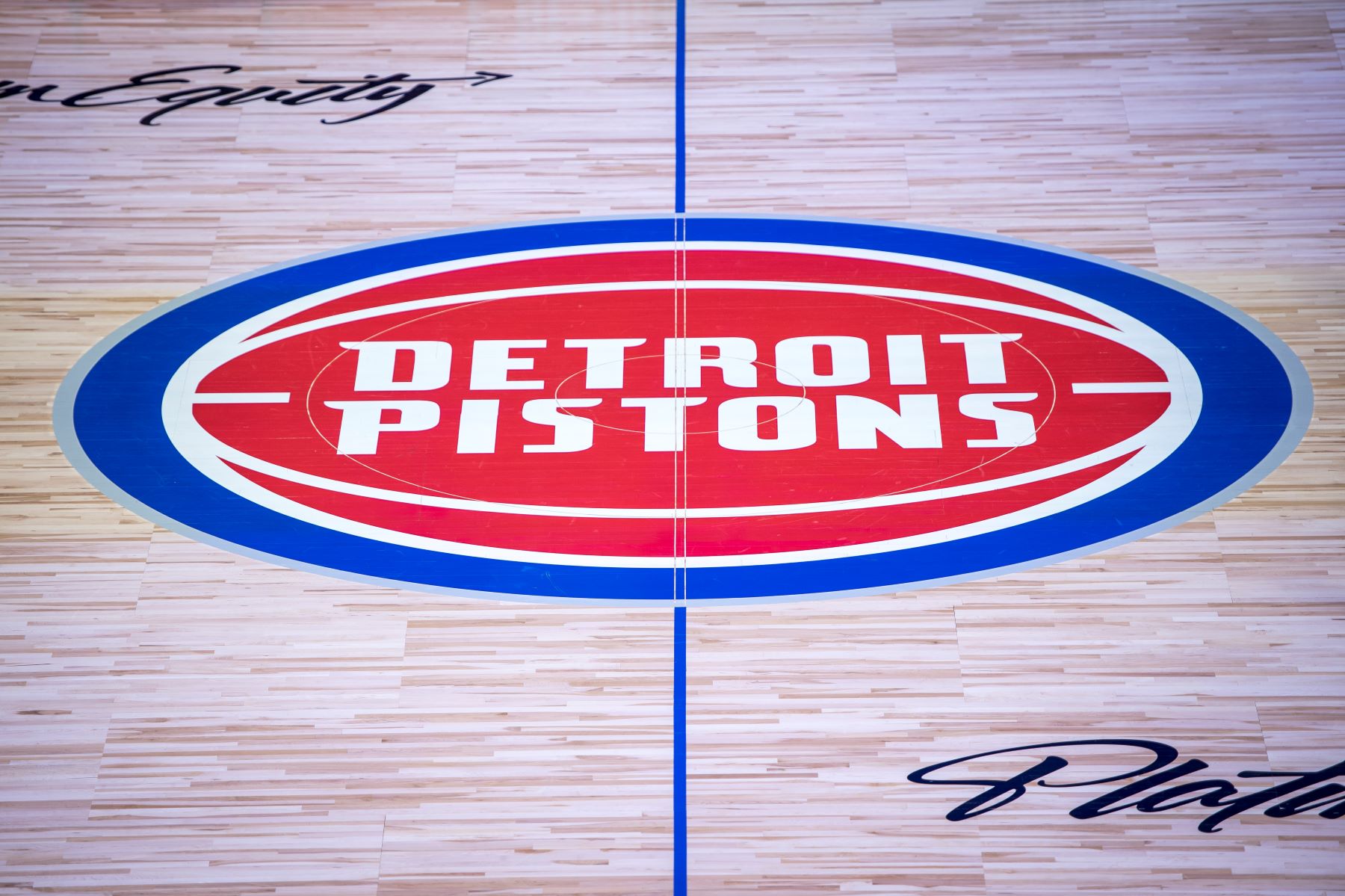NBA team Detroit Pistons logo on the court before a game against the Orlando Magic
