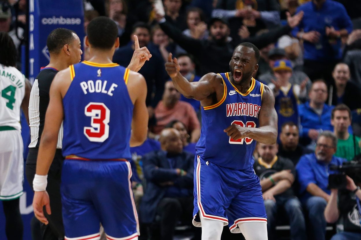 Golden State Warriors forward Draymond Green reacts after a call during a game against the Boston Celtics in March 2022