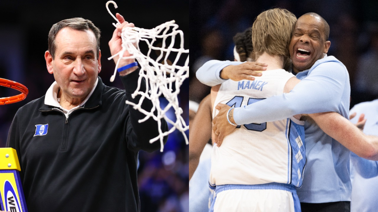 Duke head coach Mike Krzyzewski and North Carolina's Brady Manek and Hubert Davis.