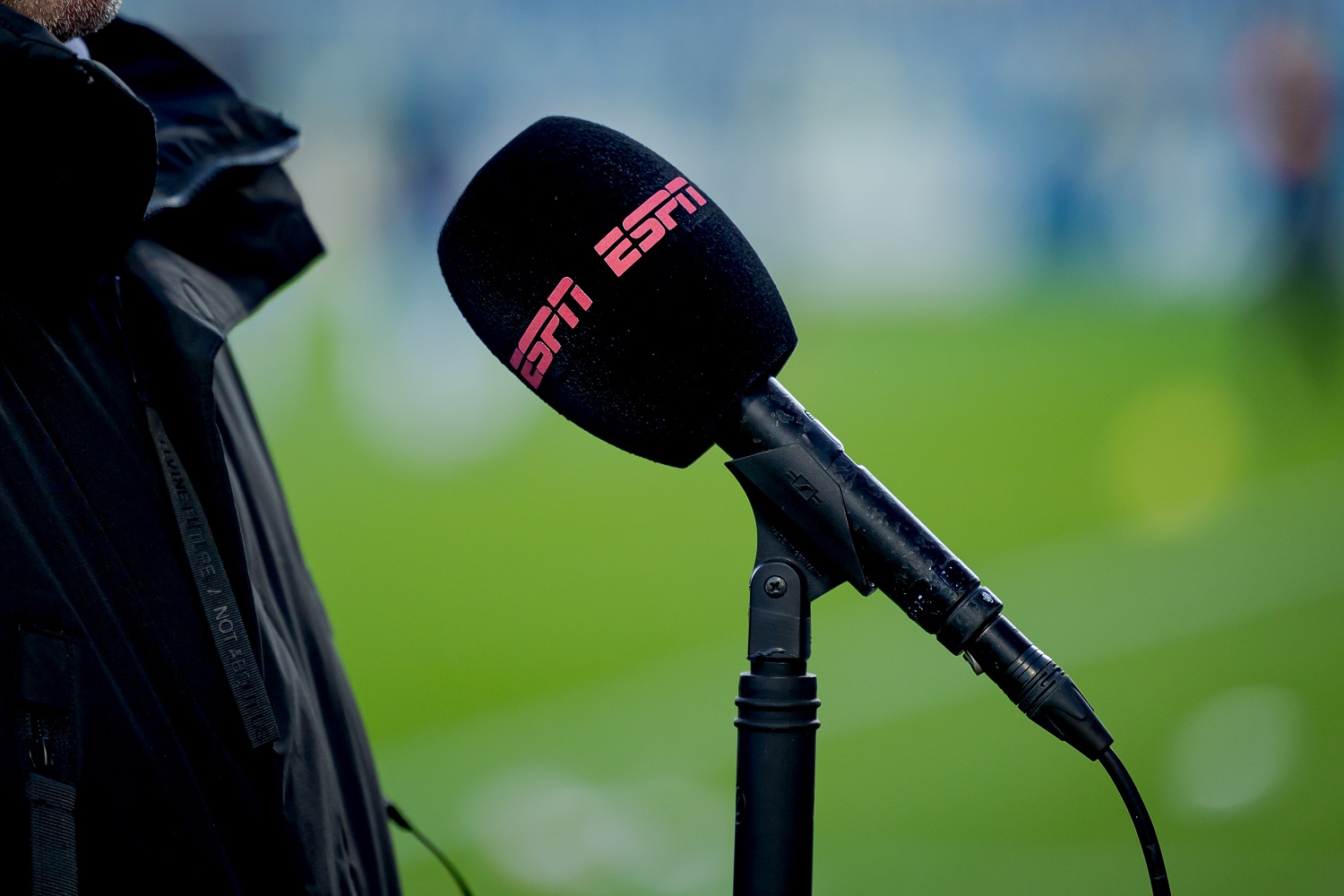 ESPN logo on microphone during the Dutch Eredivisie match between RKC Waalwijk and ADO Den Haag at the Mandemakers Stadium on Jan. 9, 2021 in Waalwijk Netherlands
