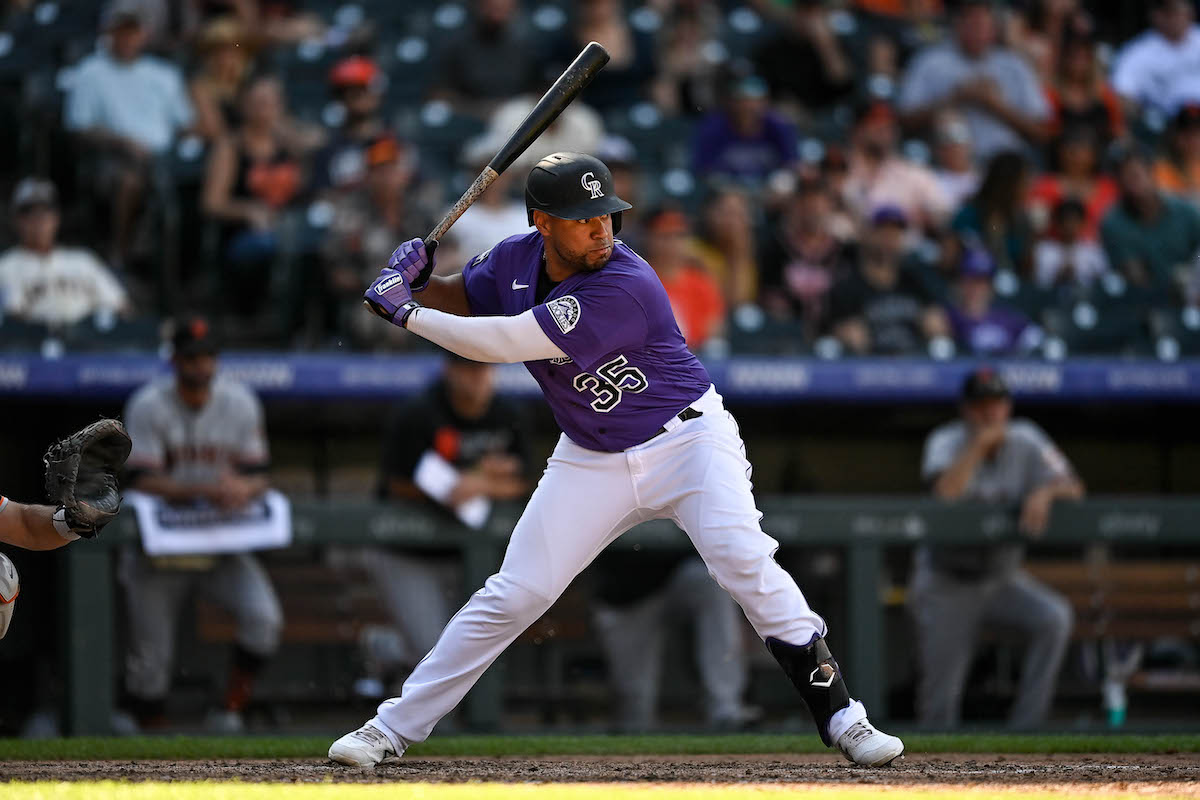 Elias Diaz prepares to swing for the Colorado Rockies