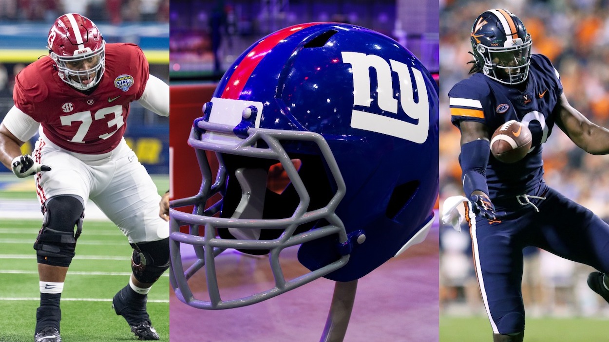 (L-R) Alabama OT Evan Neal, New york Giants helmet, Virginia TE Jelani Woods. Neal and Woods are targets in this three-round New York Giants mock draft.