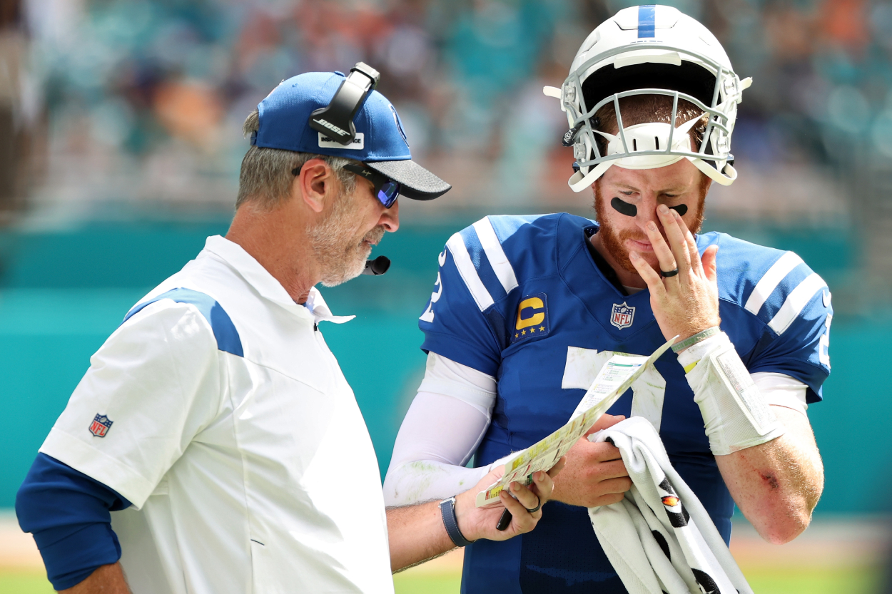 Indianapolis Colts head coach Frank Reich and former Colts quarterback Carson Wentz during a game in 2021.