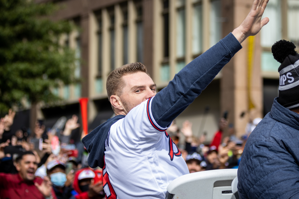 Freddie Freeman of the Atlanta Braves looks on during the Atlanta Braves World Series Championship Parade.