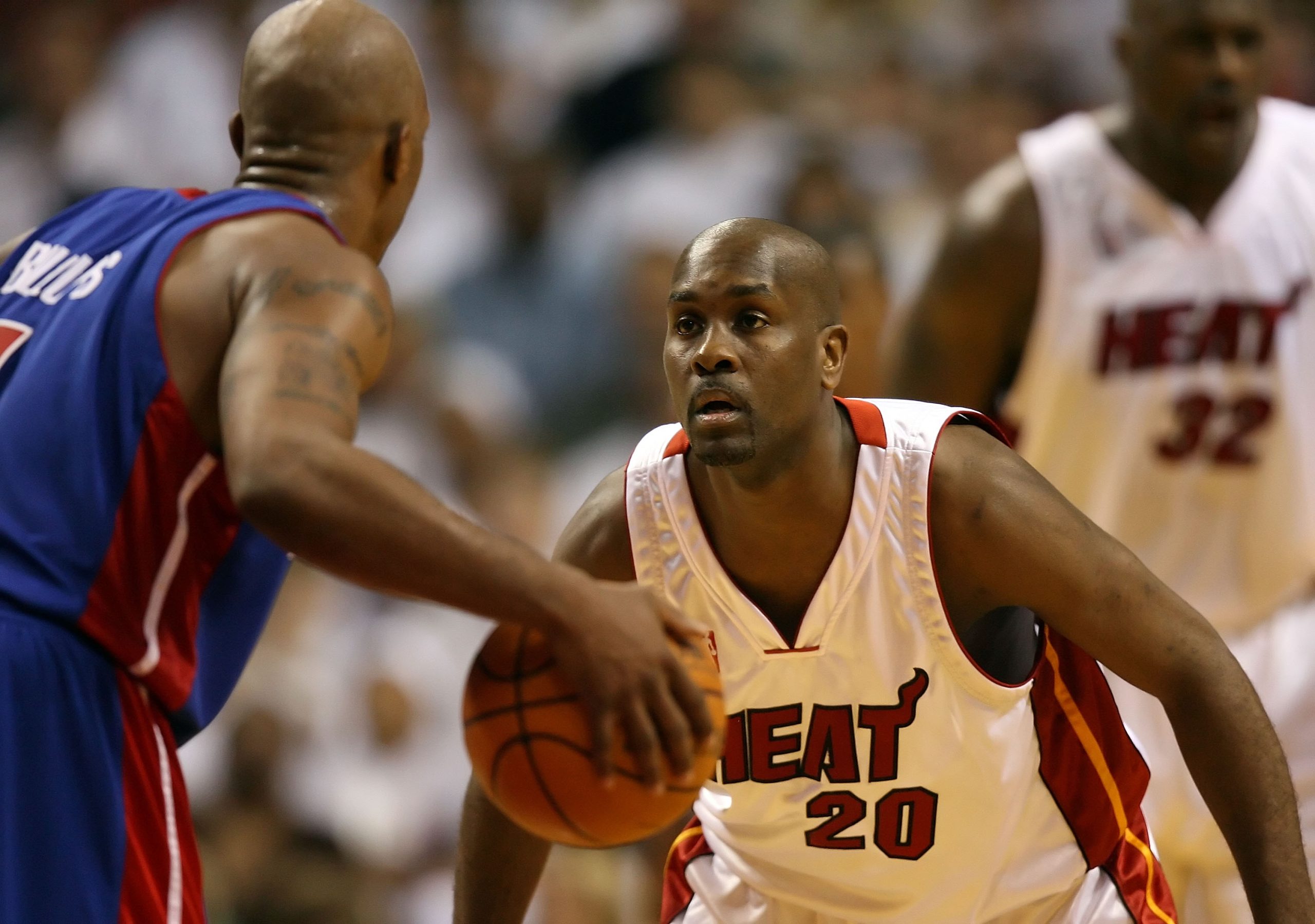 Gary Payton of the Miami Heat covers Chauncey Billups of the Detroit Pistons.
