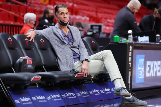 General Manager Rob Pelinka of the Los Angeles Lakers looks on from the bench prior to a game at FTX Arena