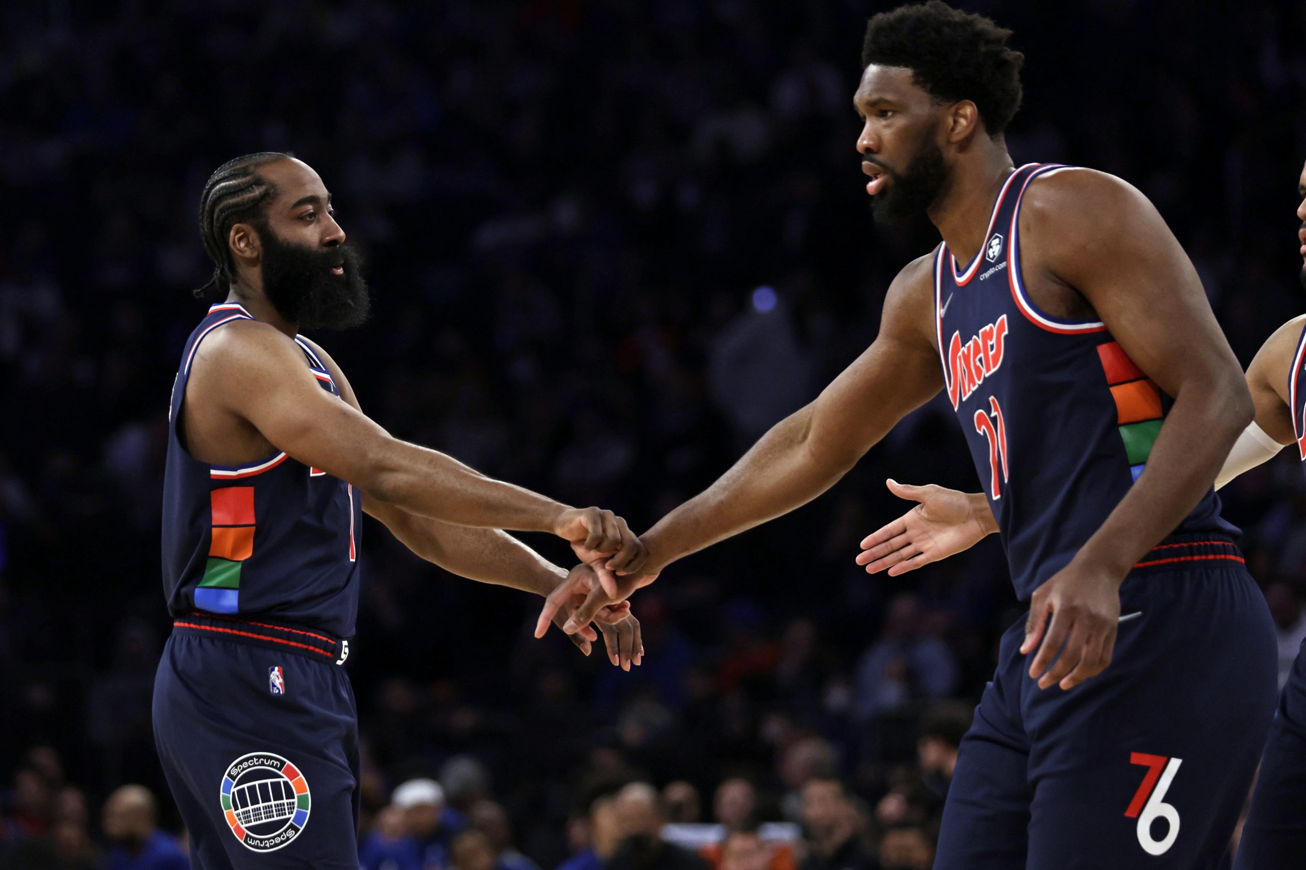 James Harden and Joel Embiid of the Sixers celebrate together