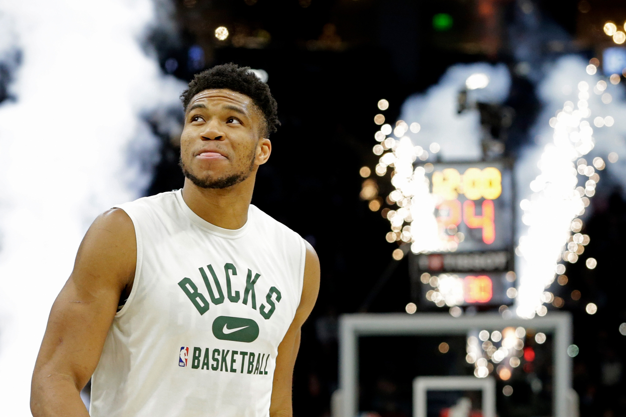 Milwaukee Bucks superstar Giannis Antetokounmpo before a game in March 2022.