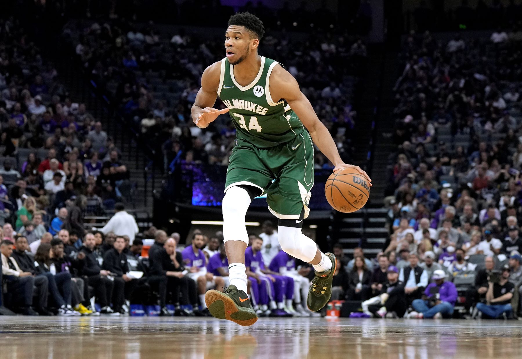Giannis Antetokounmpo #34 of the Milwaukee Bucks NBA team playing against the Sacramento Kings