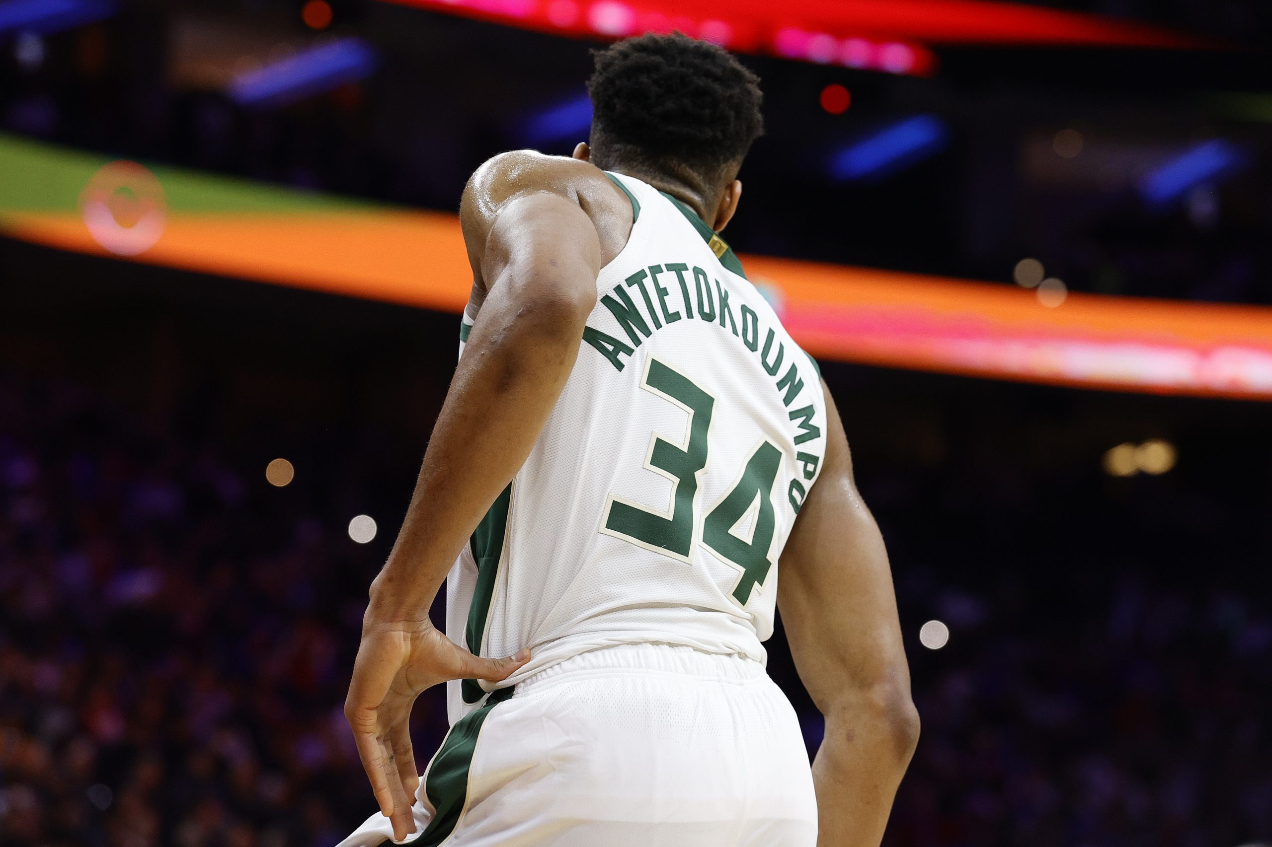 Giannis Antetokounmpo of the Milwaukee Bucks looks on during the third quarter against the Philadelphia 76ers.