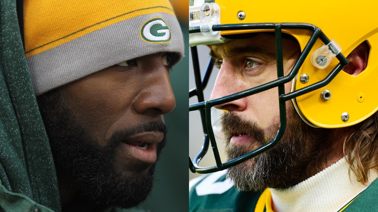 (L-R) Green Bay Packers WR Greg Jennings in 2012; Packers QB Aaron Rodgers in 2021.