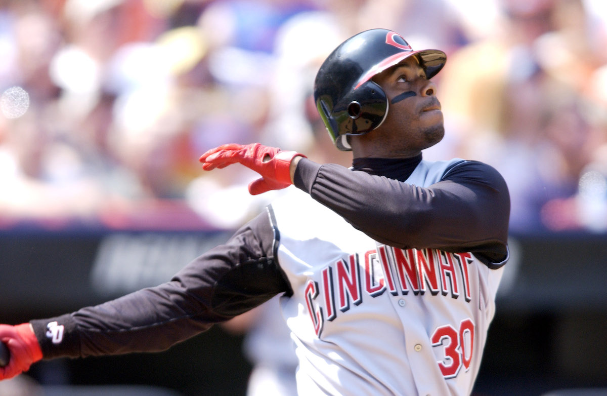 Ken Griffey Jr. swings for the Cincinnati Reds.