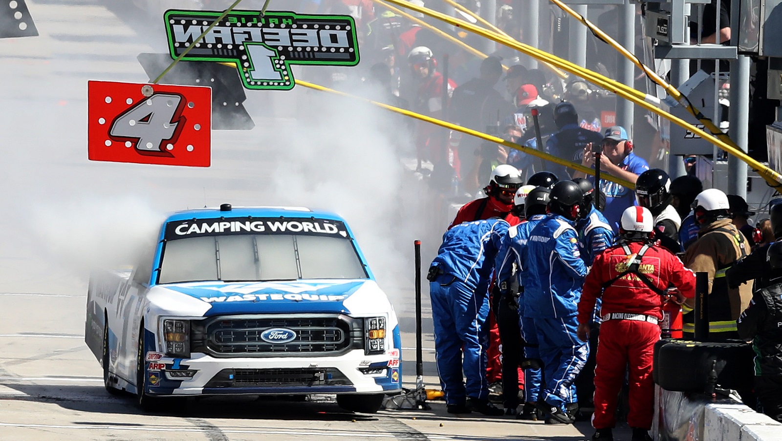 Hailie Deegan, driver of the No. 1 Ford, pits after an incident during the NASCAR Camping World Truck Series Fr8 208 at Atlanta Motor Speedway on March 19, 2022. | Mike Mulholland/Getty Images