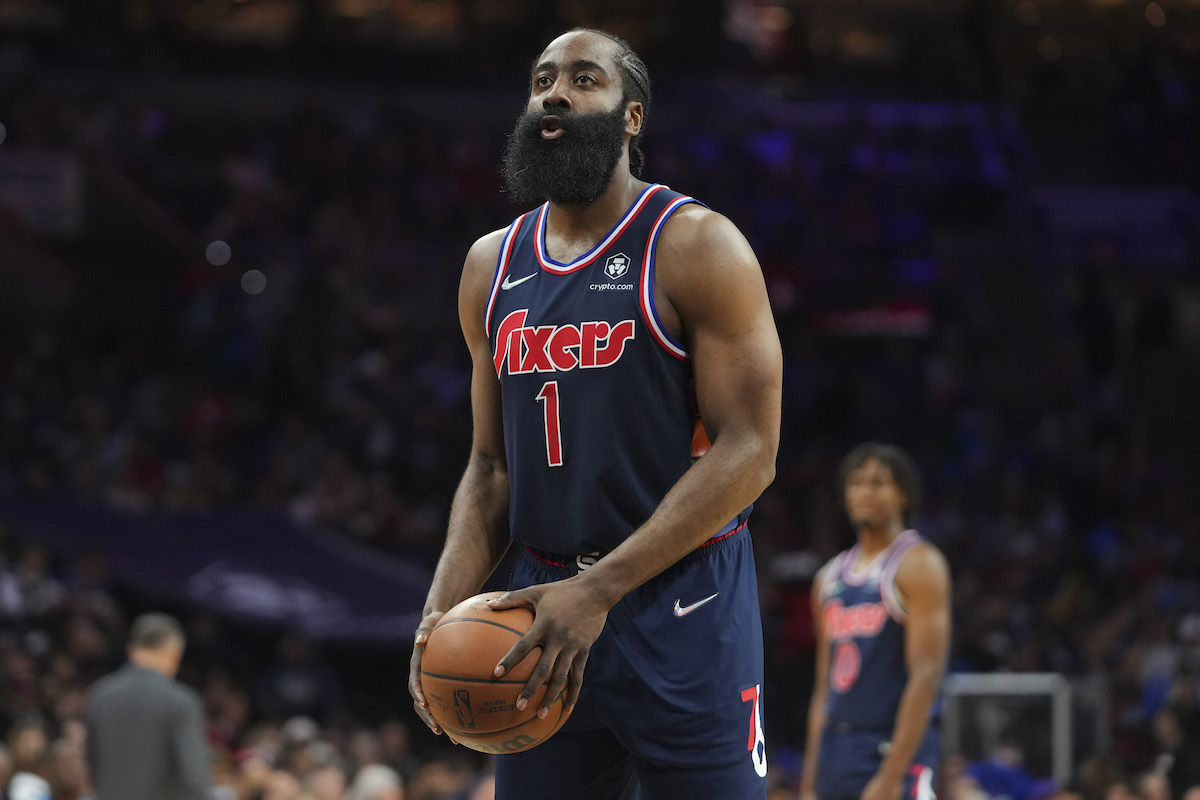 James Harden shoots a free throw for the Philadelphia 76ers