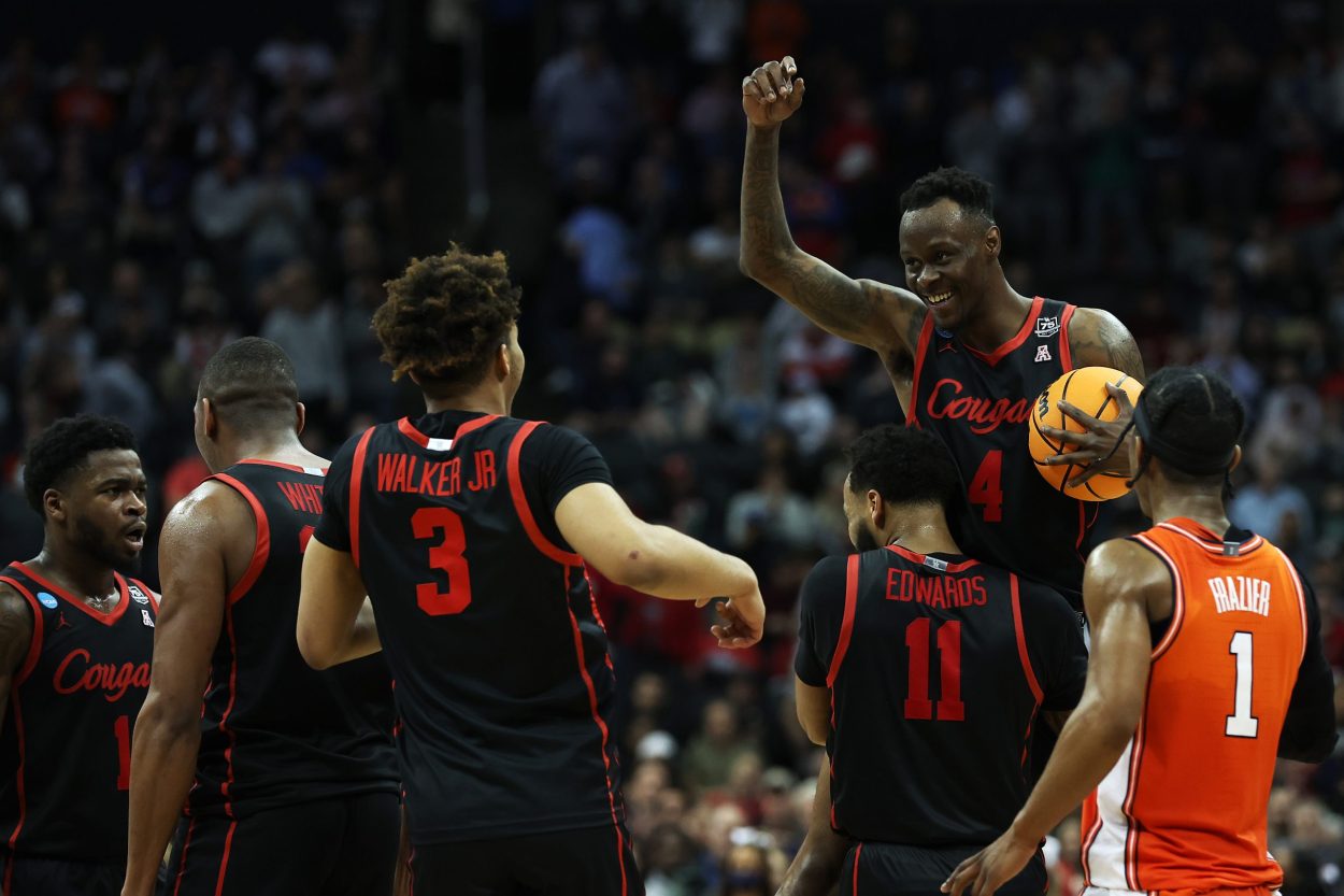 University of Houston players celebrate an NCAA Tournament win over the Illinois Fighting Illini