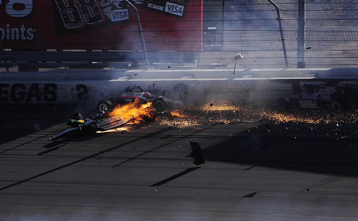 Cars crash during the Las Vegas Indy 300