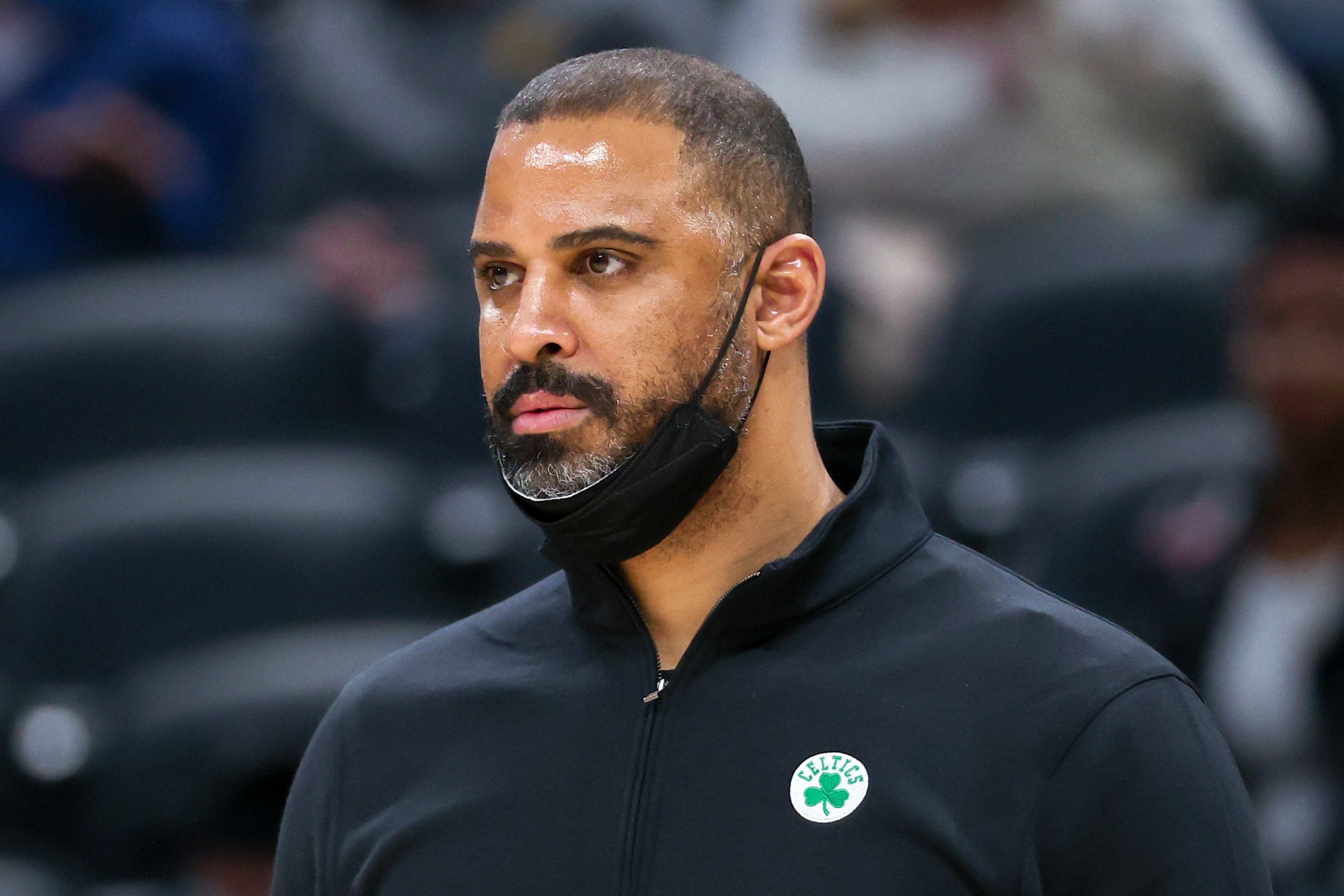 Head coach Ime Udoka of the Boston Celtics looks on in the fourth quarter against the Indiana Pacers.