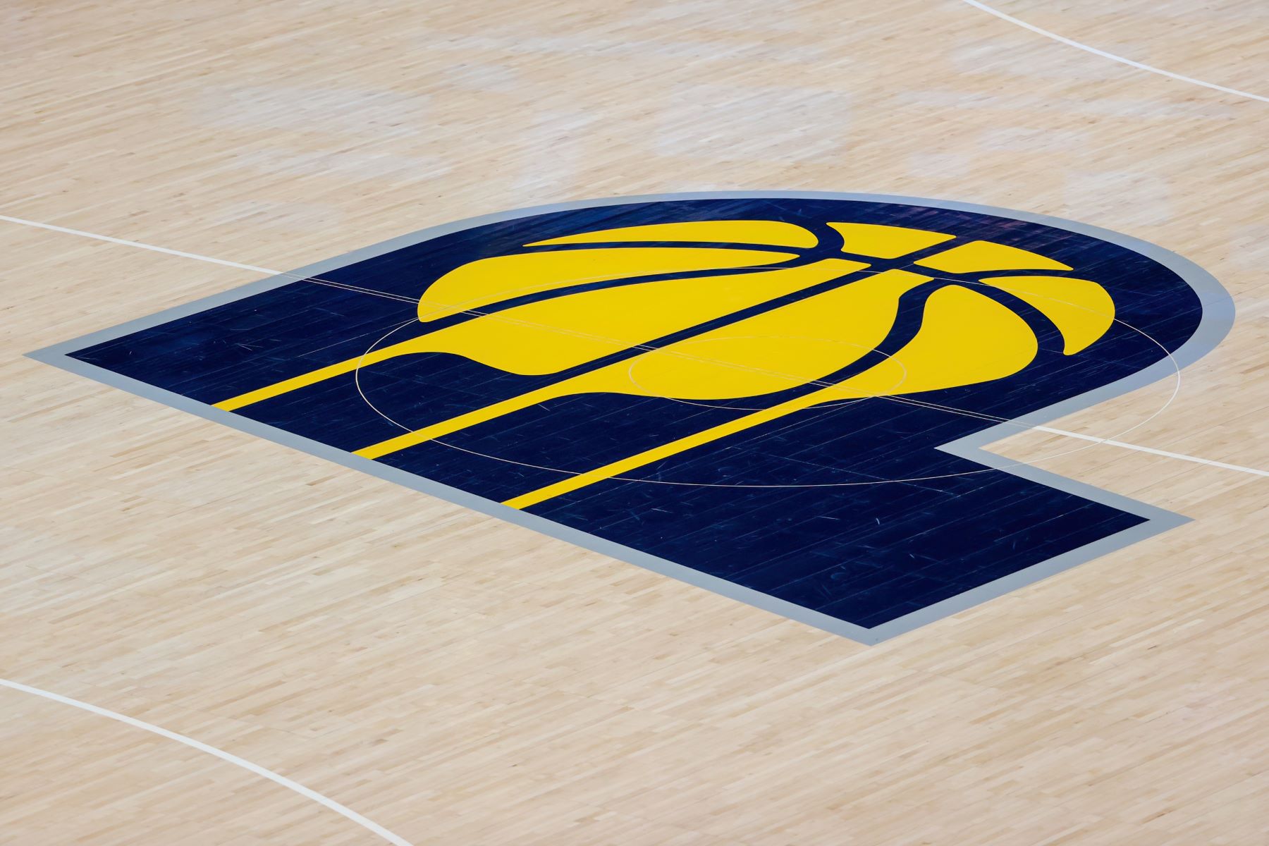 NBA team Indiana Pacers logo on the court before a game against the Charlotte Hornets