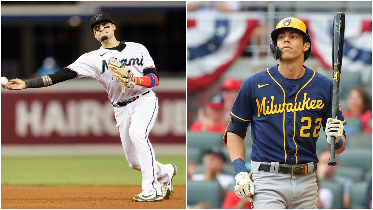 L-R: Miami Marlins infielder Isan Diaz makes a play during an MLB game in September and Milwaukee Brewers outfielder Christian Yelich looks on during the 2021 National League Division Series