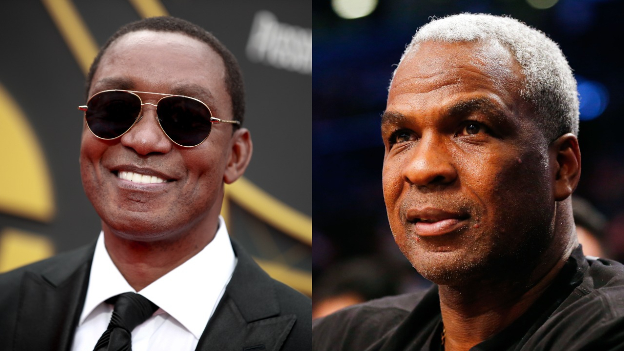 NBA legends Isiah Thomas and Charles Oakley, who have differing opinions on Giannis Antetokounmpo.