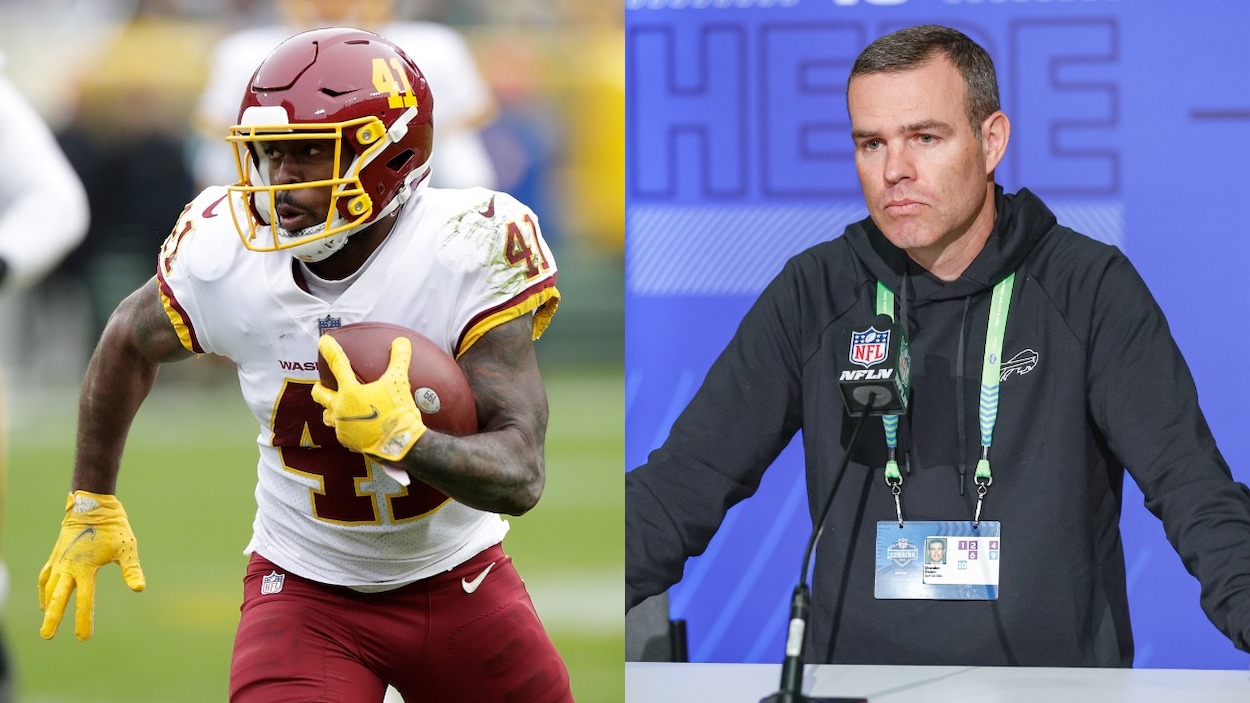 (L-R) Washington Commanders RB J.D. McKissic carries the ball in 2021, Buffalo Bills GM Brandon Beane addresses the media in 2022.