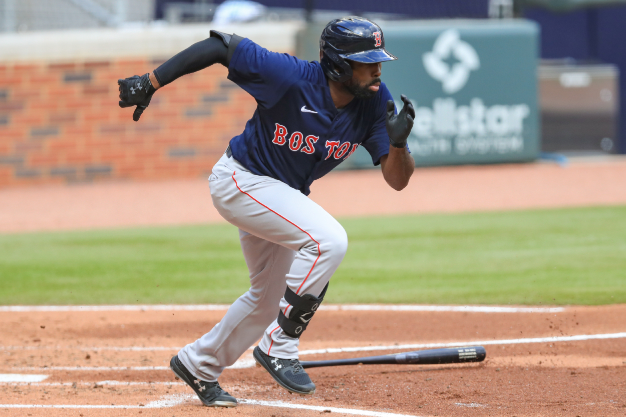 Jackie Bradley Jr. of the Boston Red Sox in action during a game against the Atlanta Braves at Truist Park on September 27, 2020.