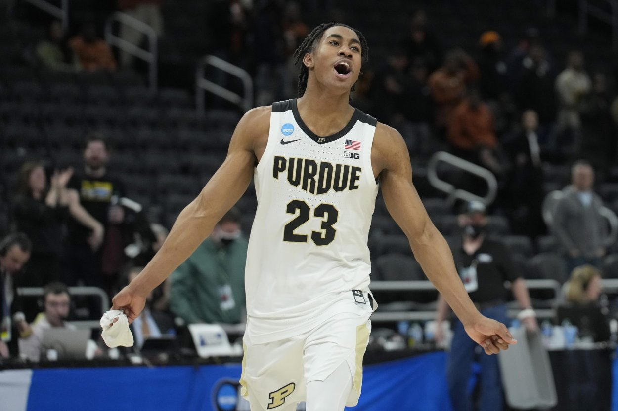 Purdue Boilermakers star and NBA Draft prospect Jaden Ivey reacts during an NCAA Men's Basketball Tournament game against the Texas Longhorns