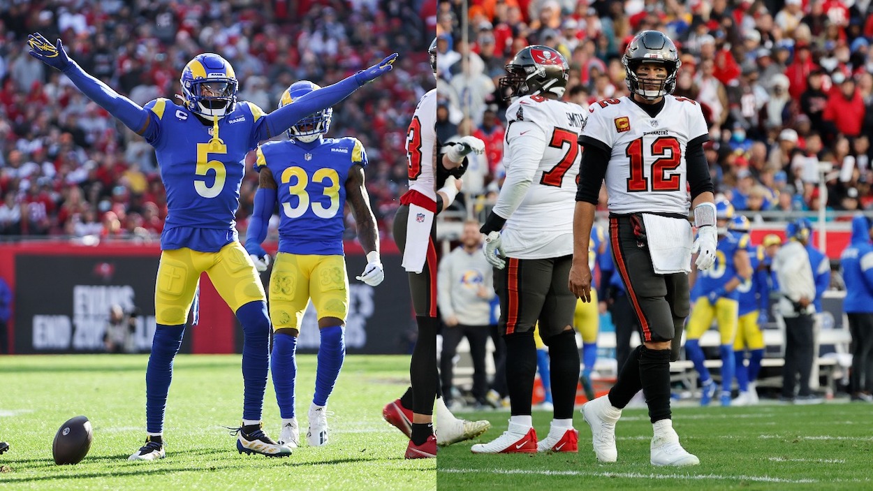 (L-R) LA Rams defensive back Jalen Ramsey signals no catch as Tampa receiver Mike Evans walks away; Tampa Bay Buccaneers quarterback Tom Brady walks towards the sidelines after turning the ball over on downs against the Rams in the NFC Divisional game.