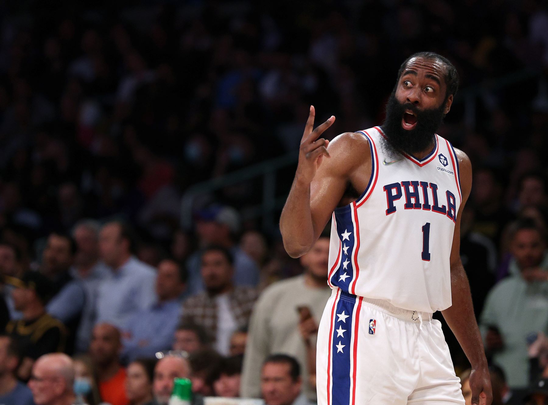 James Harden as #1 of the Philadelphia 76ers NBA team arguing with refs during game against the Los Angeles Lakers