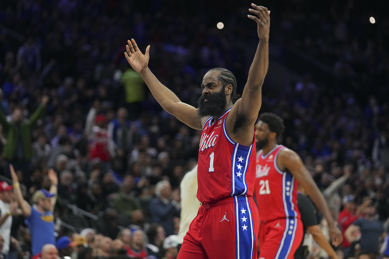 James Harden embraces the Philly faithful.