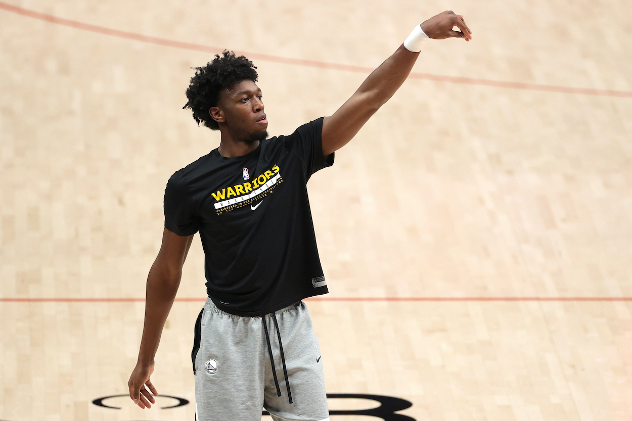 James Wiseman warms up before a game.
