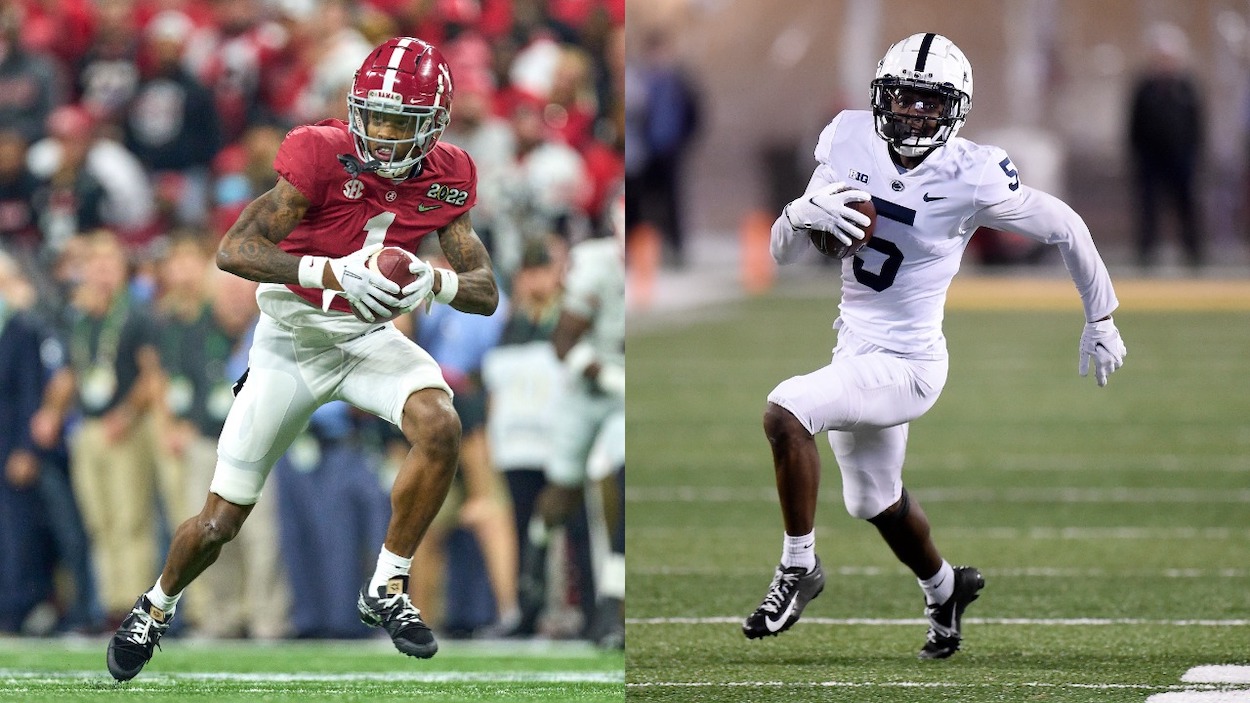 Alabama WR Jameson Williams (L) and Penn State wideout Jahan Dotson (R) are two potential picks by the Green Bay Packers in the 2022 NFL Draft.