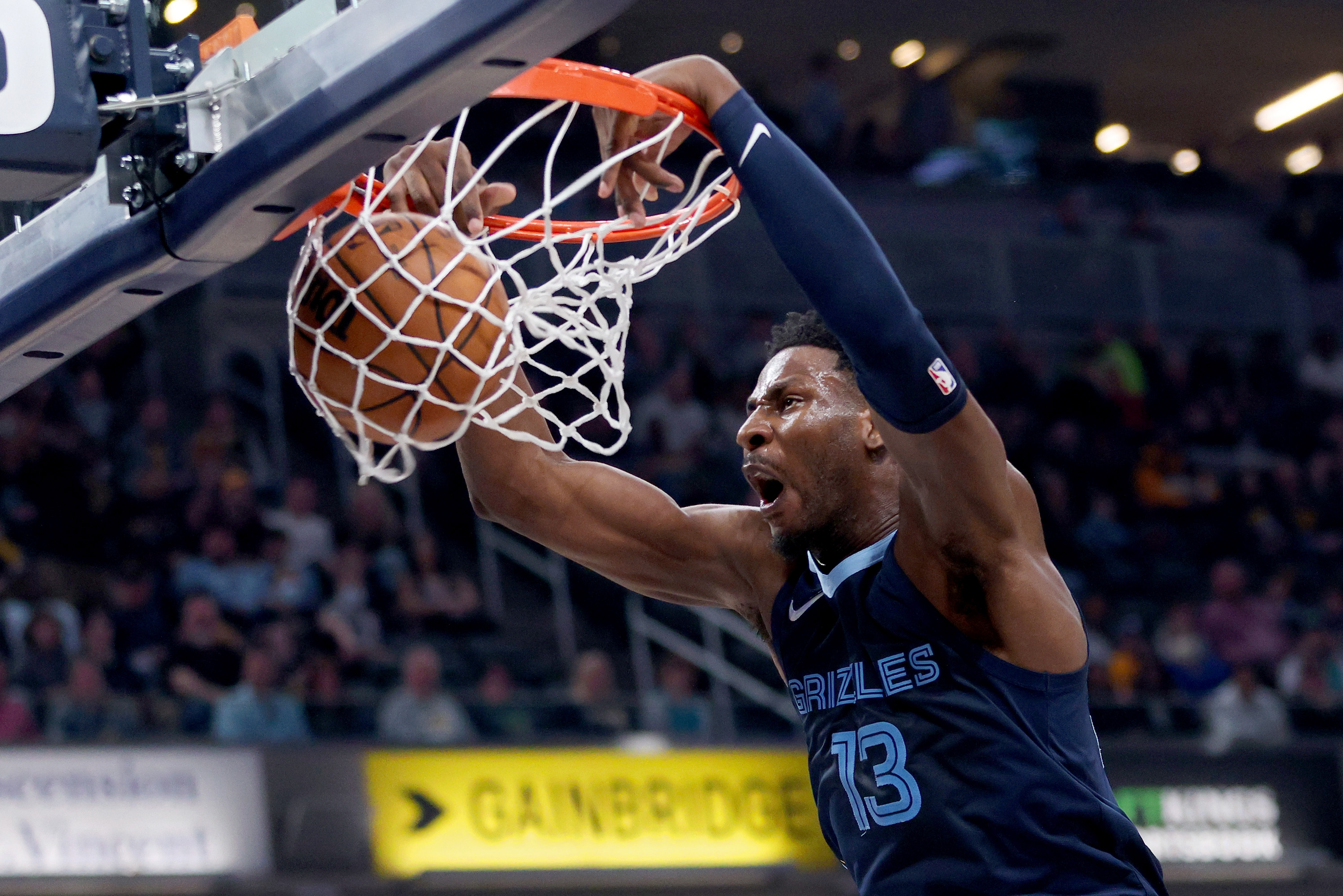 Memphis Grizzlies big man Jaren Jackson Jr. dunks the ball during a game against the Indiana Pacers in March 2022