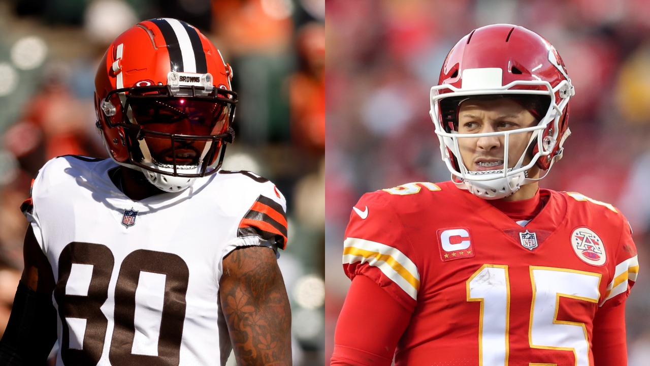 Browns WR Jarvis Landry looks on during a game; Chiefs QB Patrick Mahomes reacts during AFC Championship Game
