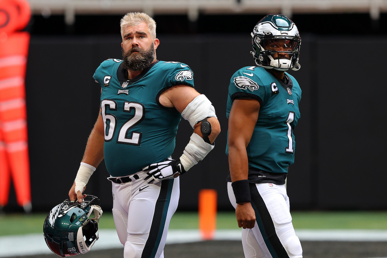 Eagles players Jason Kelce and Jalen Hurts.