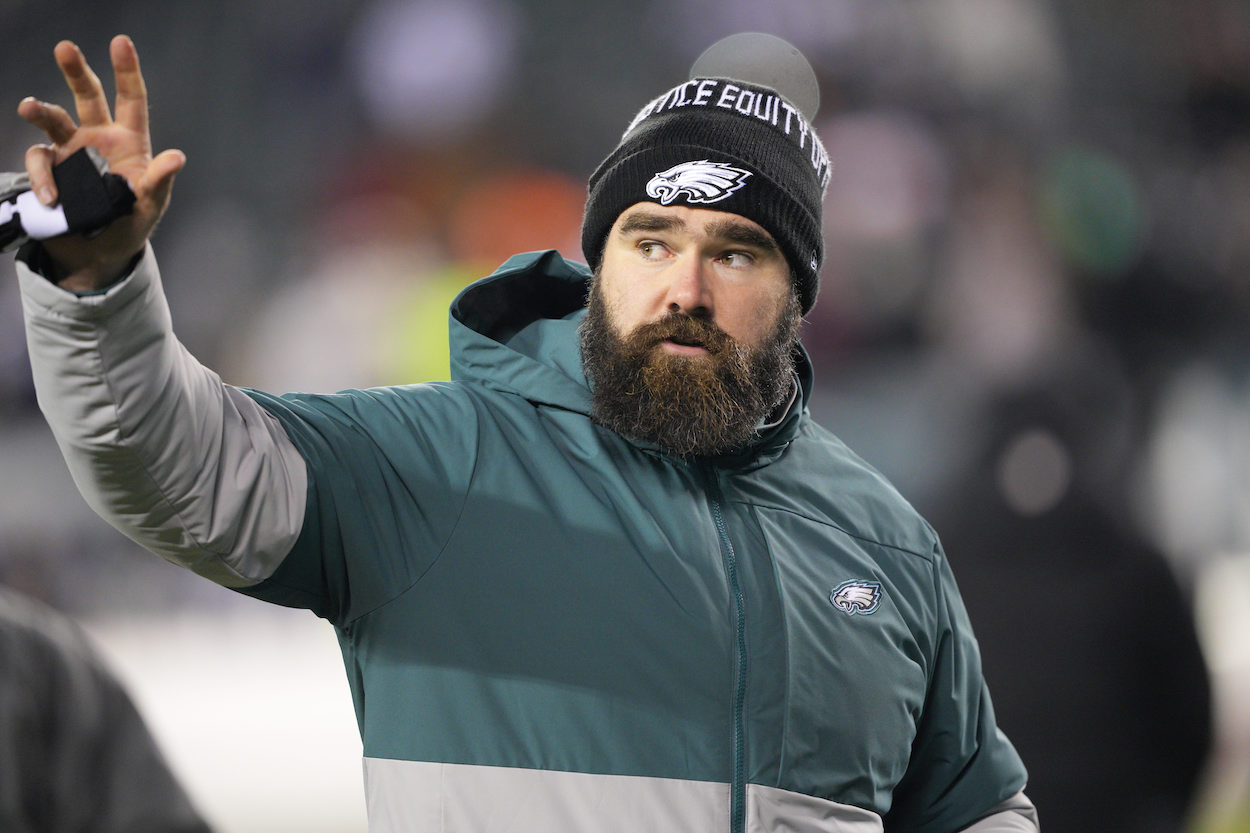 Philadelphia Eagles center Jason Kelce waves to fans.