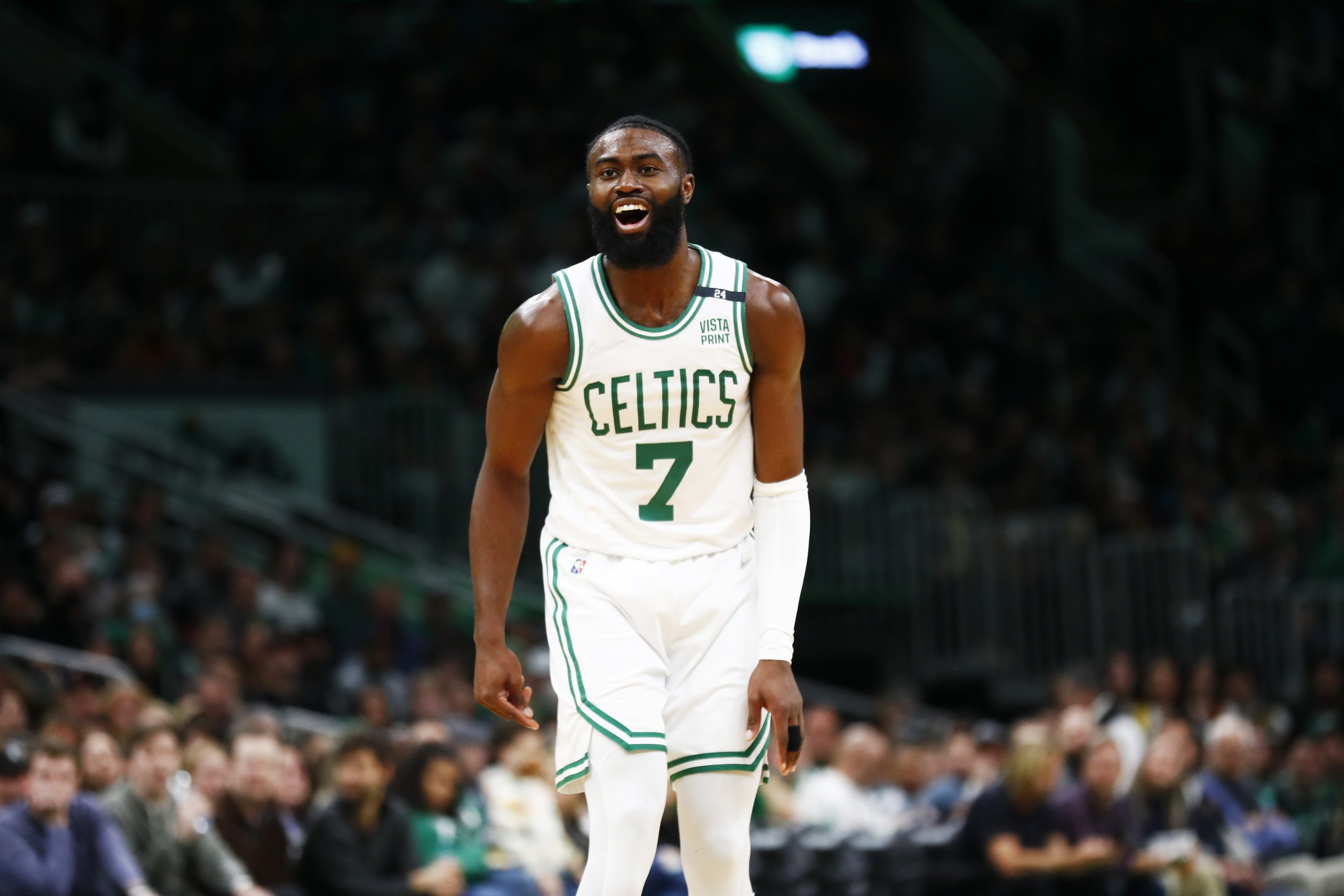 Jaylen Brown of the Boston Celtics reacts during the second quarter of the game against the Utah Jazz.