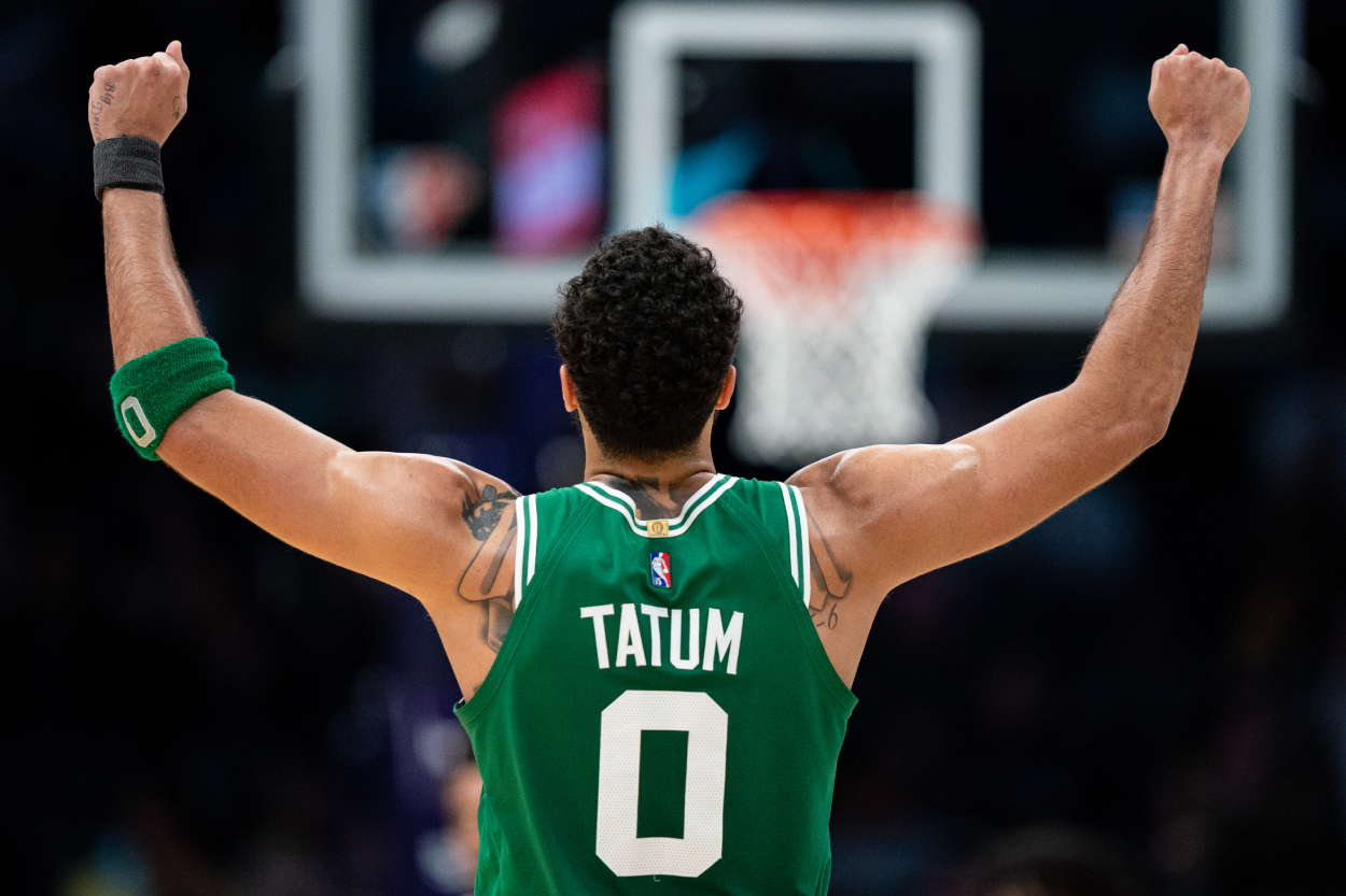 Jayson Tatum of the Boston Celtics celebrates in the fourth quarter during their game against the Charlotte Hornets.