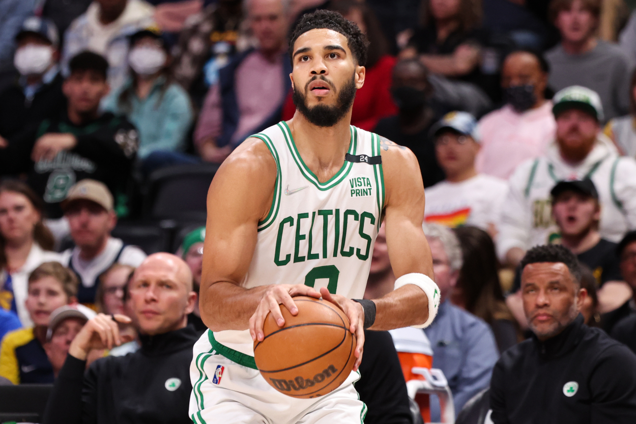 Jayson Tatum of the Boston Celtics shoots against the Denver Nuggets.