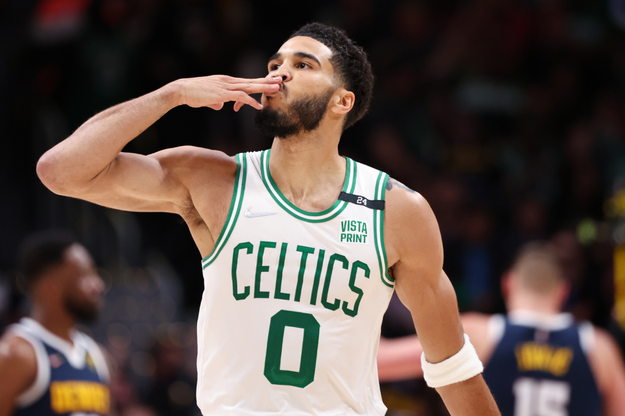 Jayson Tatum of the Boston Celtics celebrates against the Denver Nuggets.